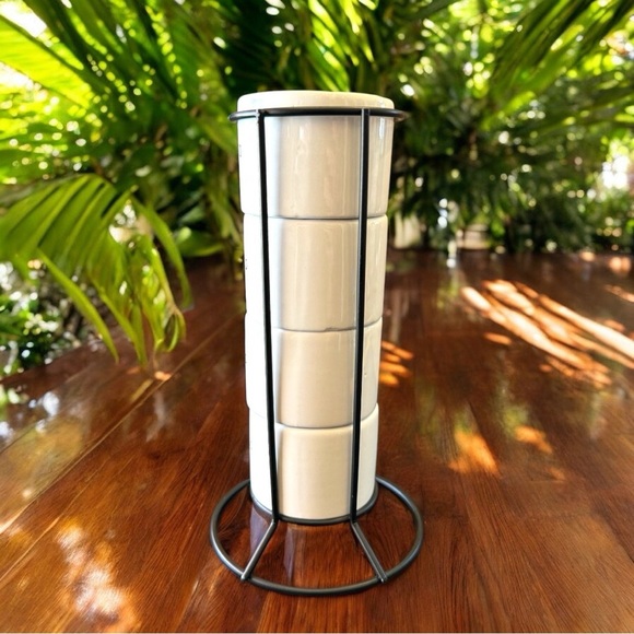 Espresso Cup Set with Stand - White Earthenware, 4 Stackable Mugs - Picture 2 of 11